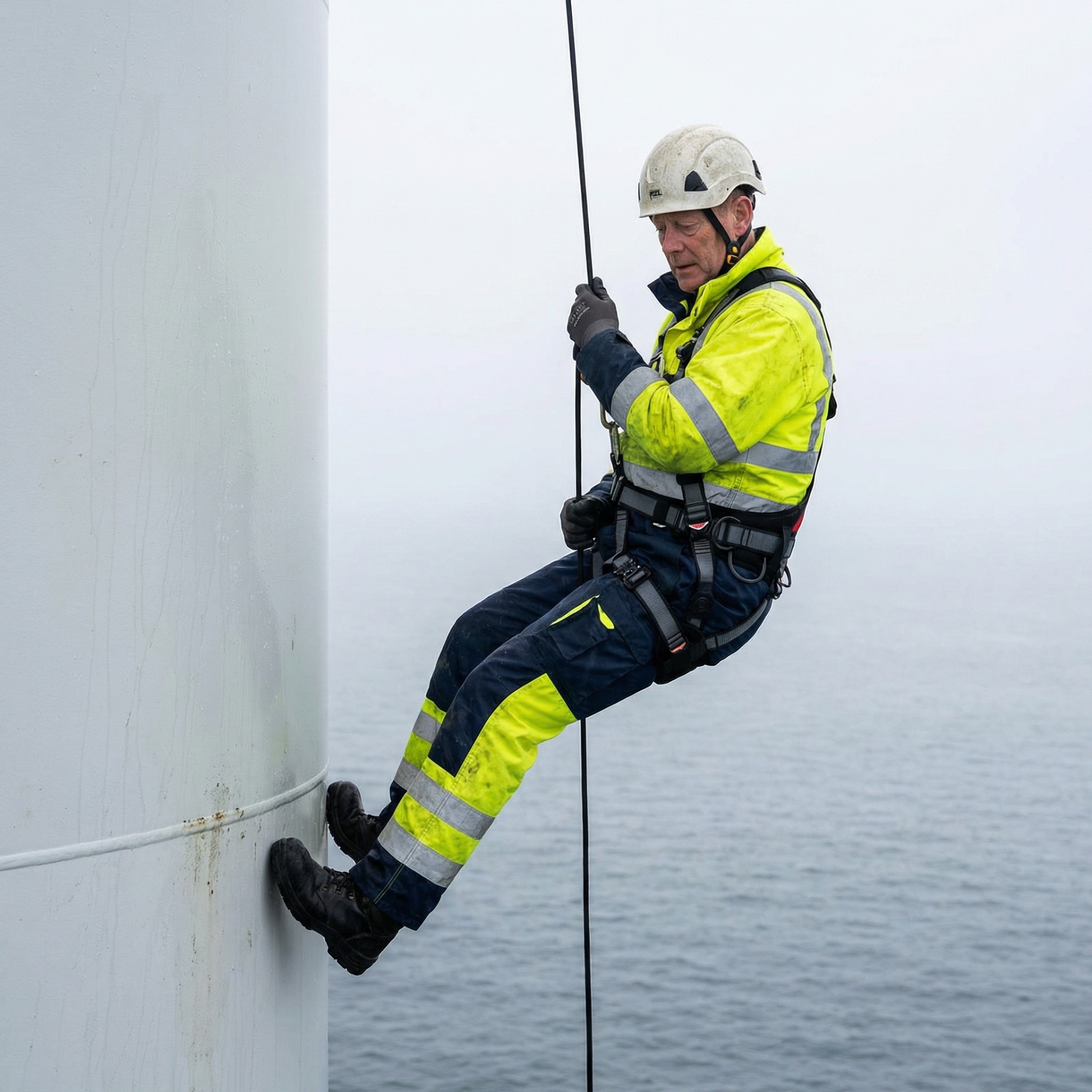 Rescue technician suspended during wind turbine evacuation exercise